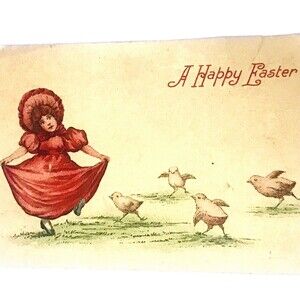 A Happy Easter Postcard Girl Dancing Red Dress Chicks Woman Antique Unposted